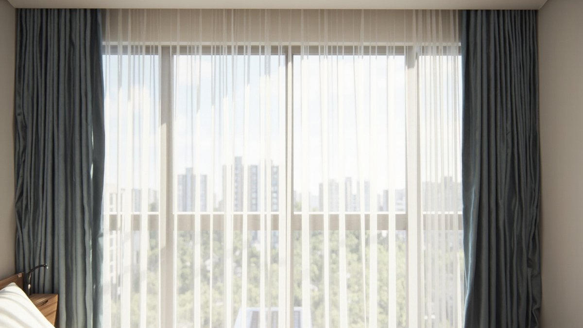 Illustrative concept design: condo bedroom window with a ceiling curtain track, white sheers drawn across and blue-grey blackout curtains
