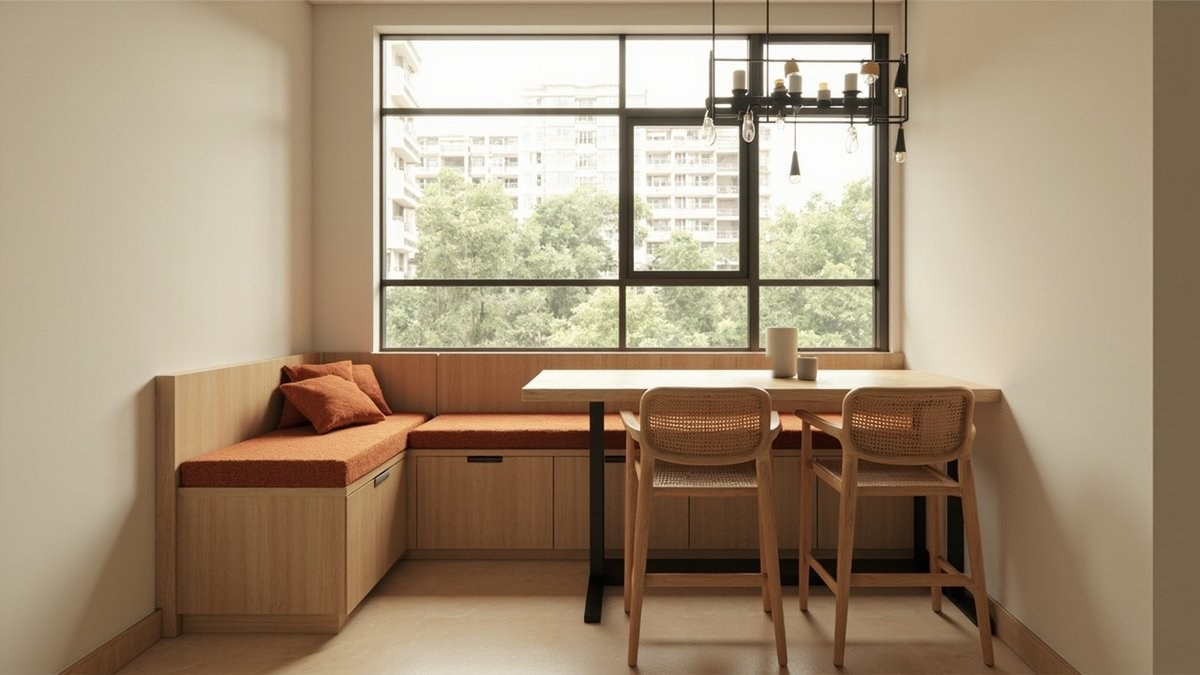 Illustrative concept design: condo dining nook with a built-in L-shaped oak bench, rust cushions, a timber table and rattan-back chairs