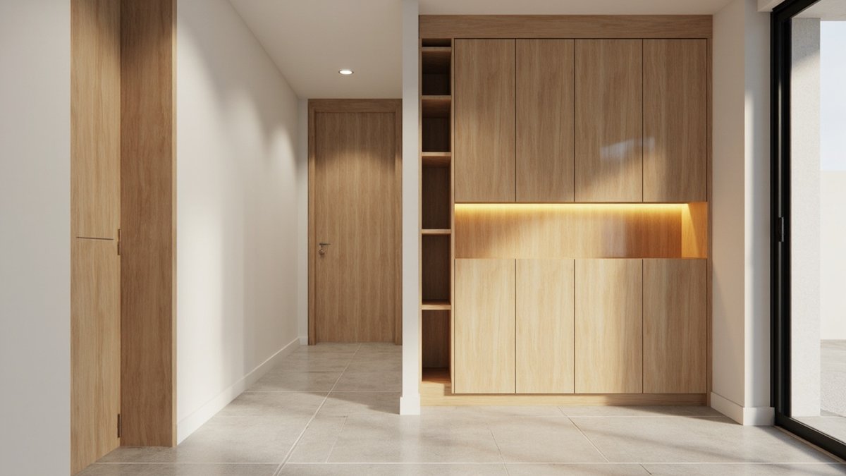 Illustrative concept design: condo entrance hallway with a floor-to-ceiling oak shoe cabinet, a lit bench niche and the front door at the end