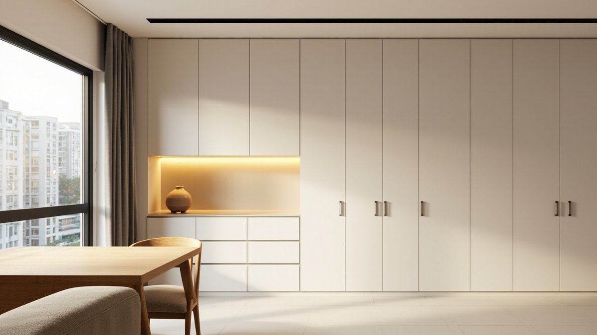 Illustrative concept design: floor-to-ceiling warm white cabinet wall with one lit niche along a condo living and dining room