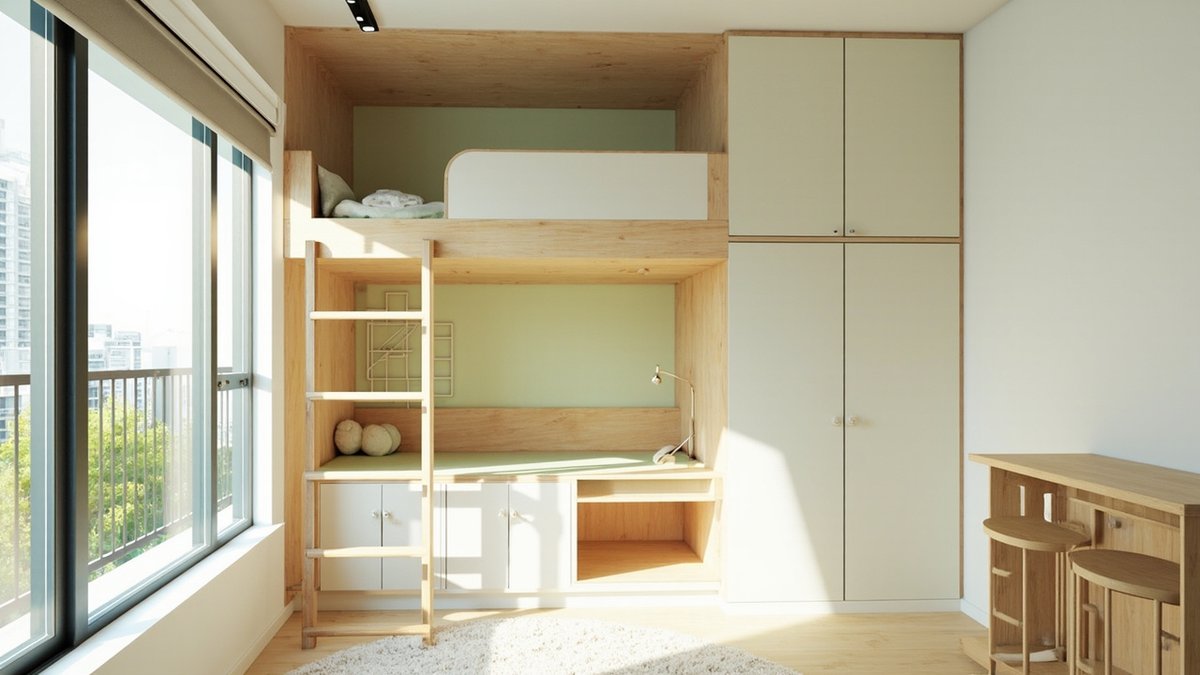 Illustrative concept design: small condo kids bedroom with a loft bed, ladder and a desk underneath
