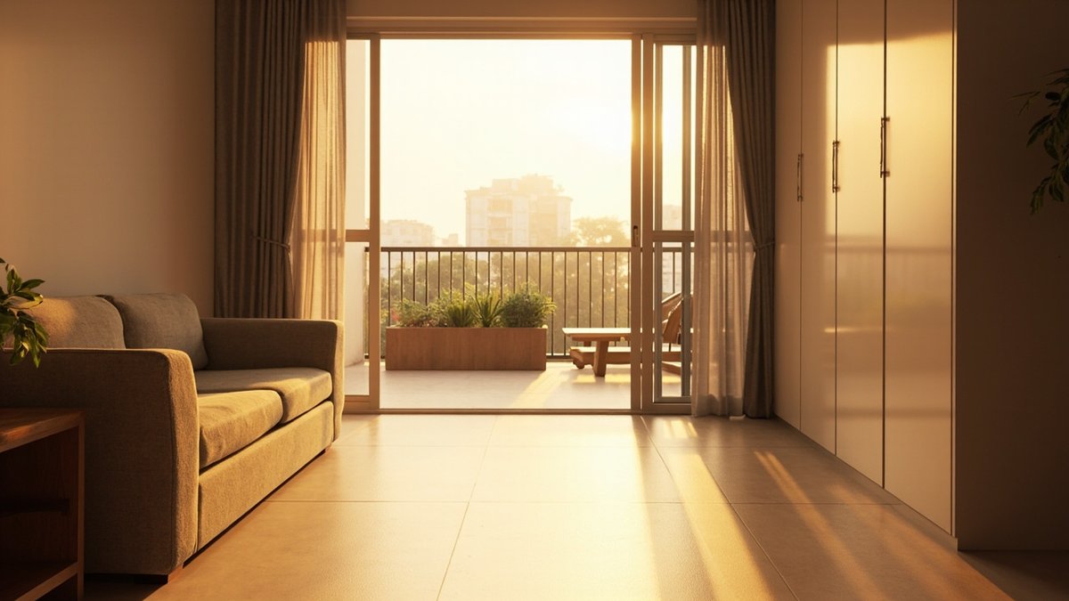 Illustrative concept design: condo living room opening onto an open balcony with the same floor tile running through