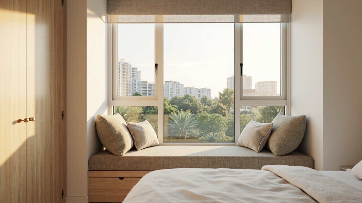 Illustrative concept design: condo master bedroom bay window built into a cushioned seat with drawers