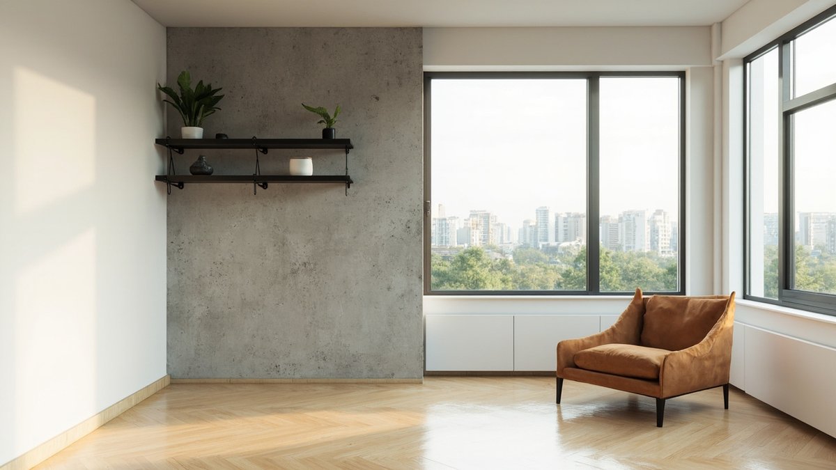 Illustrative concept design: light condo living room with one concrete-effect wall, two black steel shelves and a tan armchair