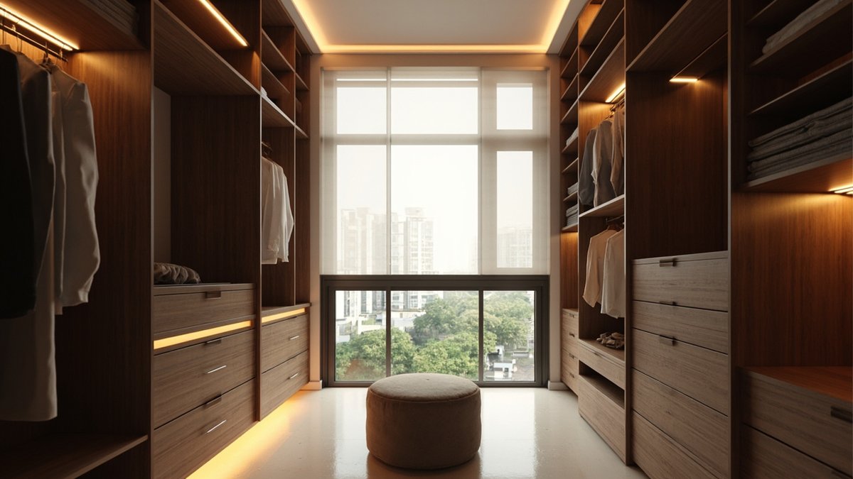Illustrative concept design: small condo bedroom turned into a dark walnut open walk-in wardrobe with rails and drawers on both walls