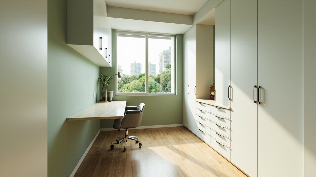 Illustrative concept design: small condo third bedroom turned into a sage study with a floating oak desk and full-height white cabinets