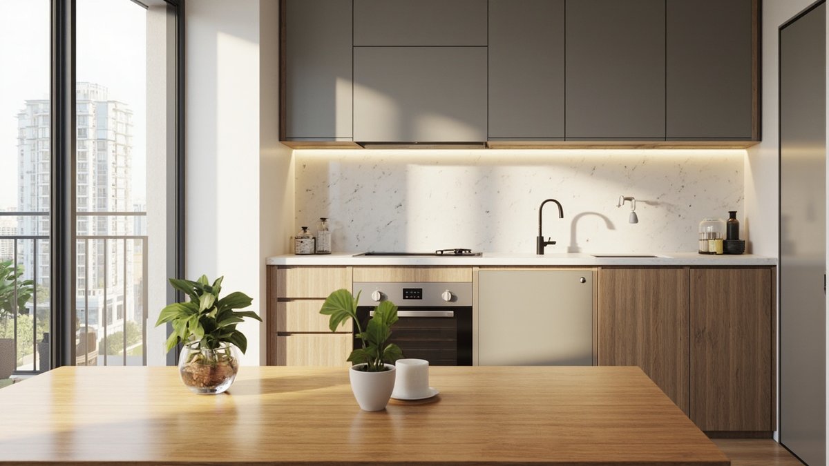Ilustrasi konsep reka bentuk: dapur satu dinding dengan kabinet atas kelabu dan kabinet bawah walnut serta meja kerja oak besar di hadapan