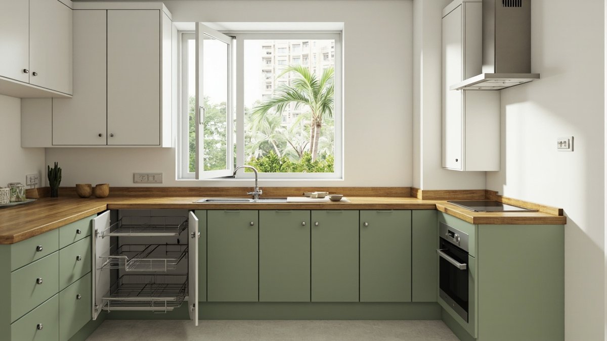 Ilustrasi konsep reka bentuk: dapur L hijau sage dan putih dengan permukaan oak dan kabinet sudut terbuka berbakul krom tarik keluar
