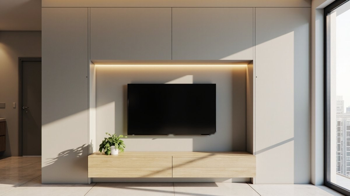 Ilustrasi konsep reka bentuk: dinding TV panel kelabu dengan ceruk berlampu, TV dimatikan di atas konsol oak dan pintu panel rata tinggi di kedua-dua sisi