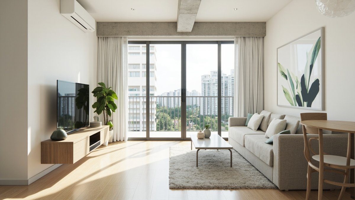 Illustrative concept design: condo living and dining room with a boxed concrete beam, a grey sofa, a slim TV console and balcony glass looking out to other blocks