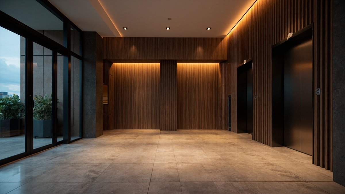 A refurbished condo lift lobby with grey floor tiles, a fluted wall panel and even lighting