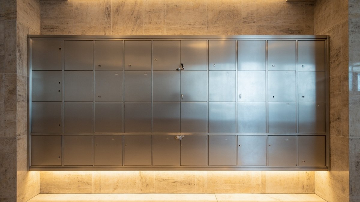 New stainless steel mailbox bank with parcel compartments in a condominium lobby