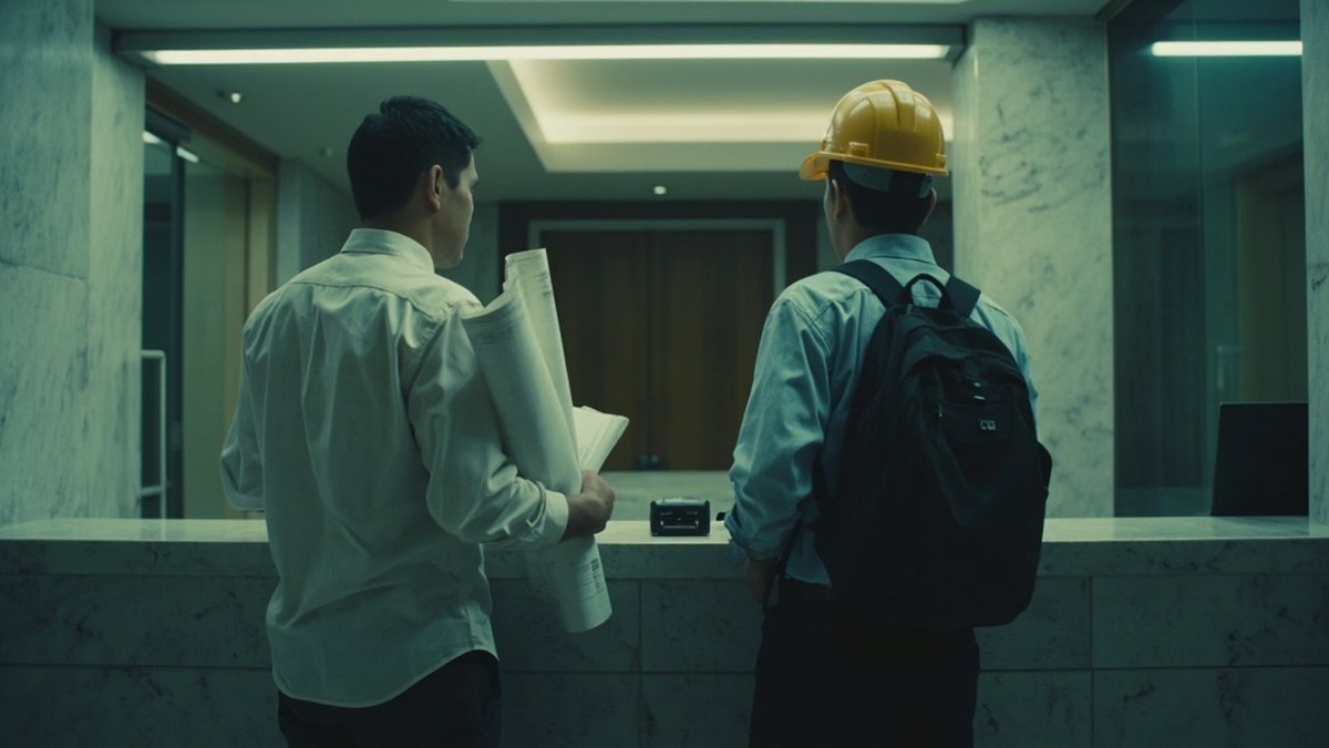 Contractor turned away at a condo lobby security counter with an access card reader