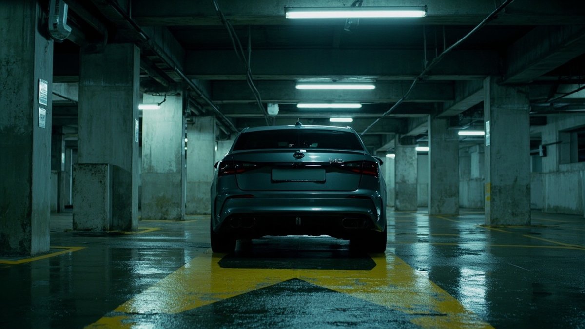 Grey car parked straight on yellow hatched markings in a dim basement car park with concrete pillars