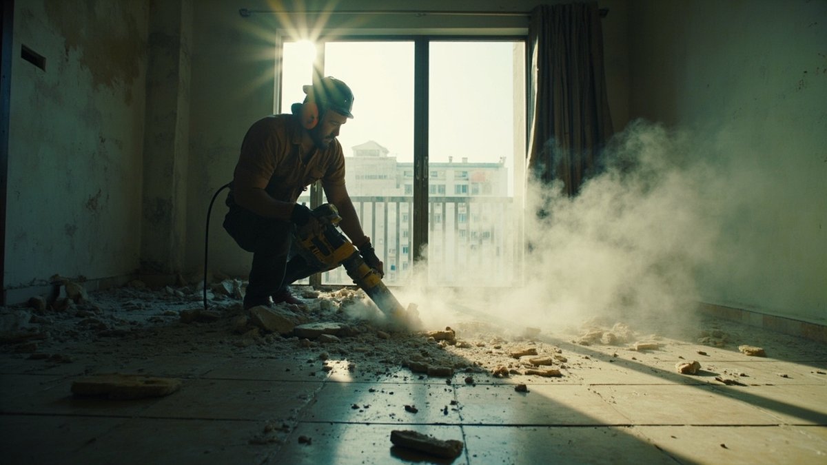 Worker using a jackhammer on a condo floor with dust rising in morning light