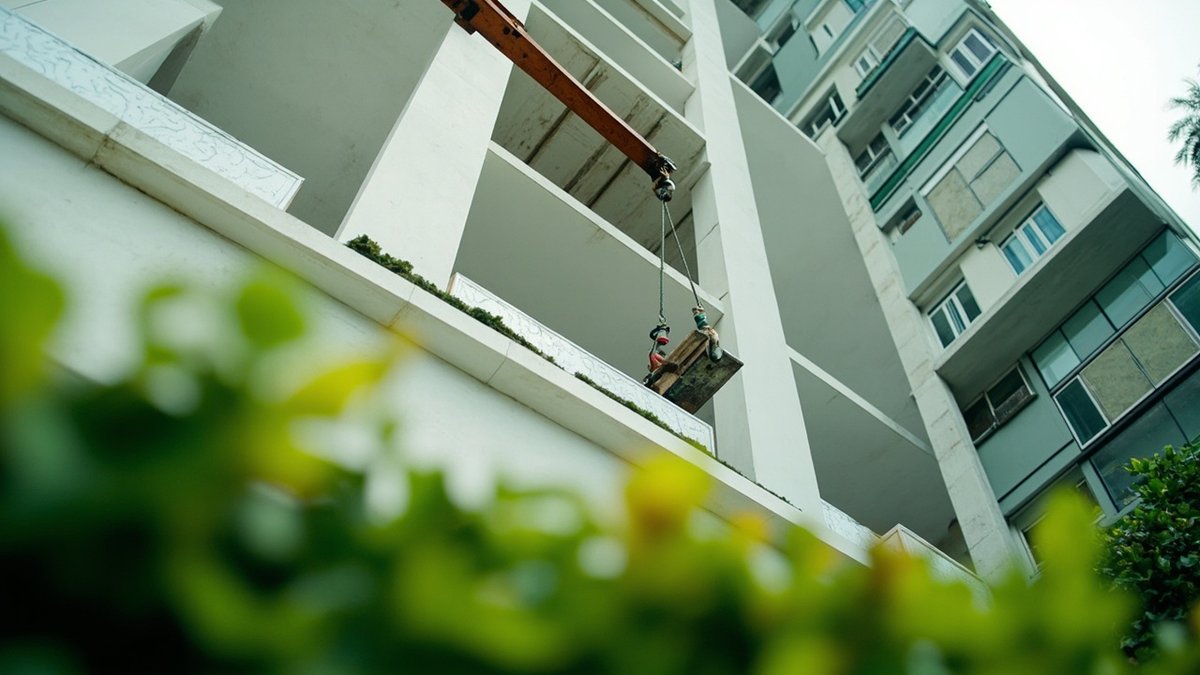 满家乐公寓外墙用绳索滑轮吊运建材 经过修剪整齐的树篱