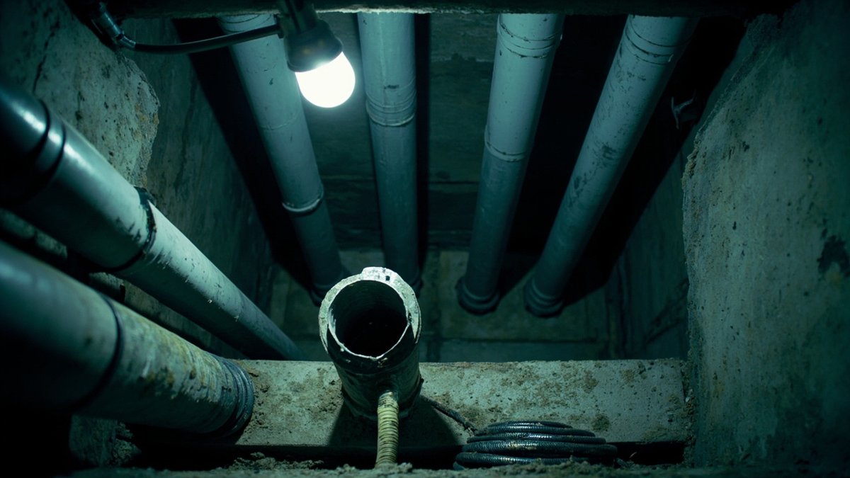 Service shaft with grey vertical sewer stack pipes and an open access cap