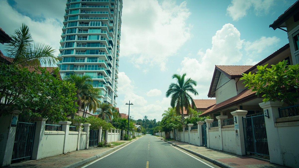 A Malaysian condominium tower beside landed terrace houses