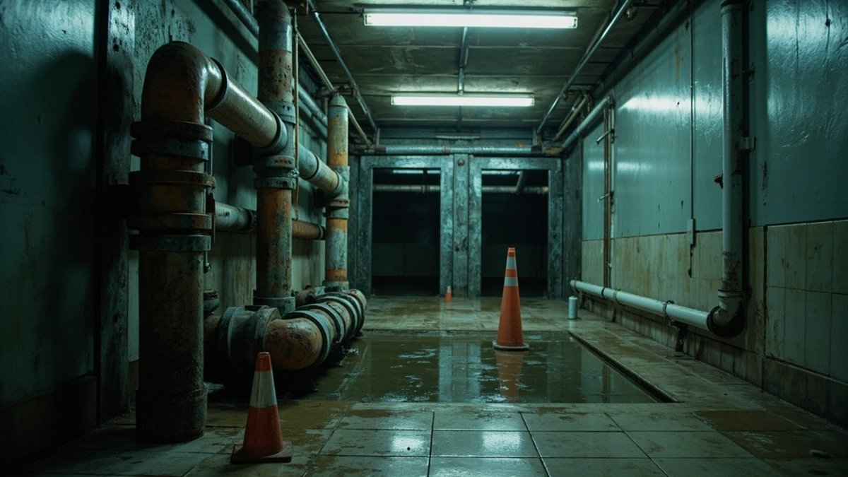 Open riser shaft with rusty old water pipes beside new pipes in a condo corridor