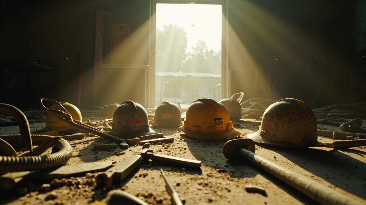 Unmarked hard hats and tools on site hinting at an unregistered contractor