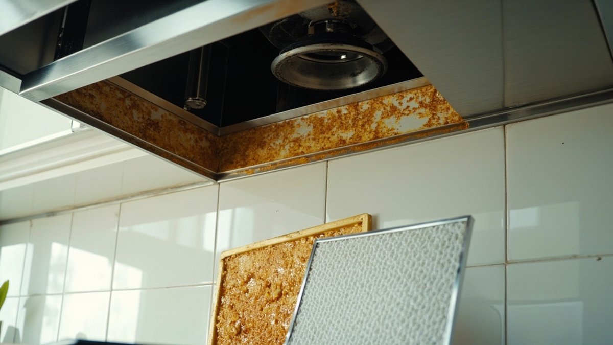 A stainless chimney hood with a greasy baffle filter removed beside a clean one against white tiles