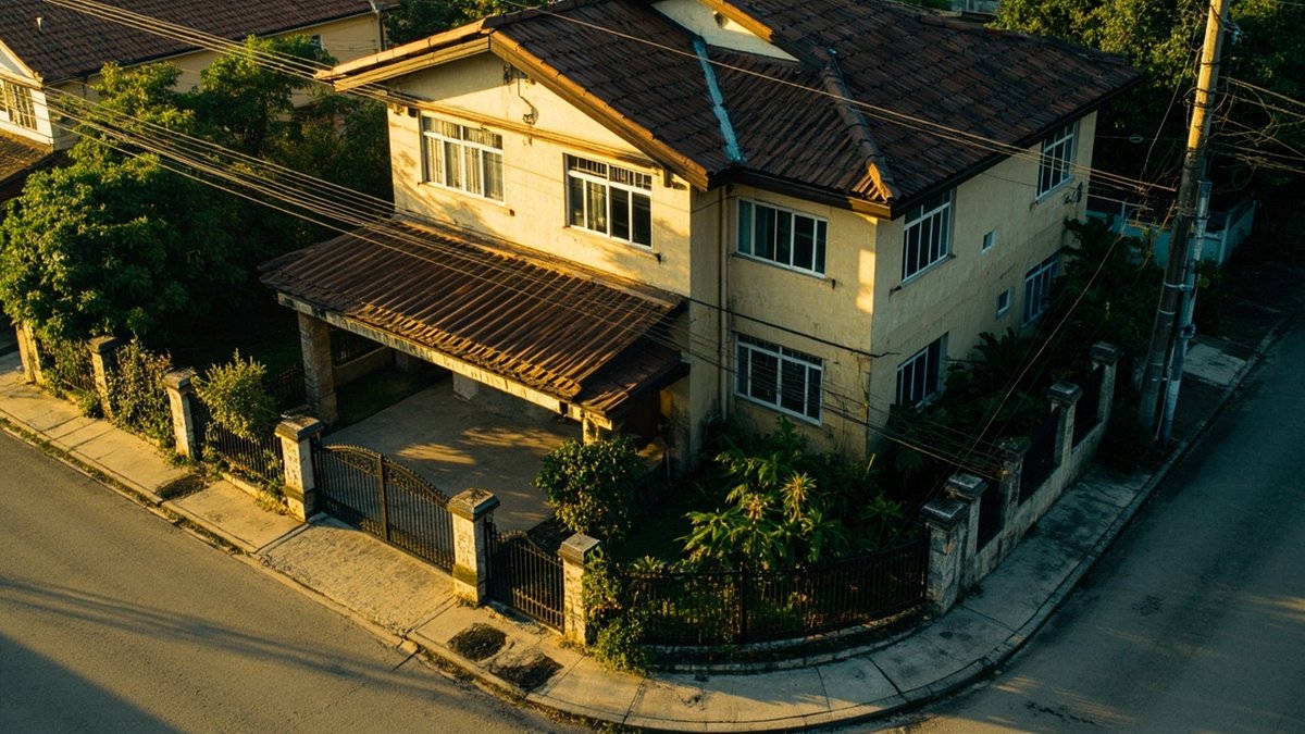 角头排屋侧边有扩建和花园地带，路口处是低矮的篱笆