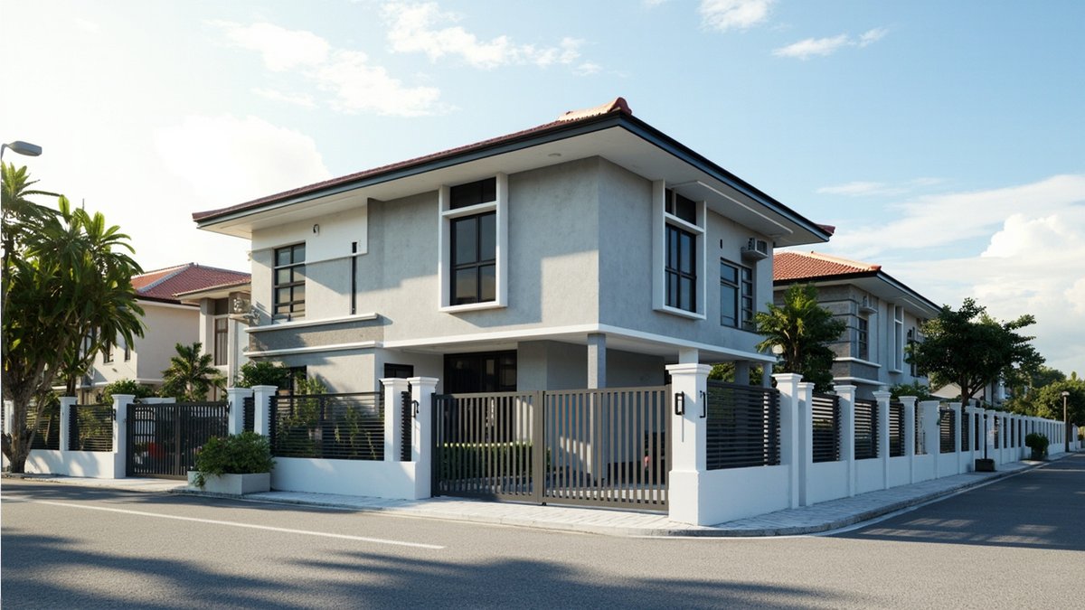 Ilustrasi konsep reka bentuk: rumah corner kelabu dengan pagar bertiang putih yang panjang di jalan sisi dan pagar bilah kelabu