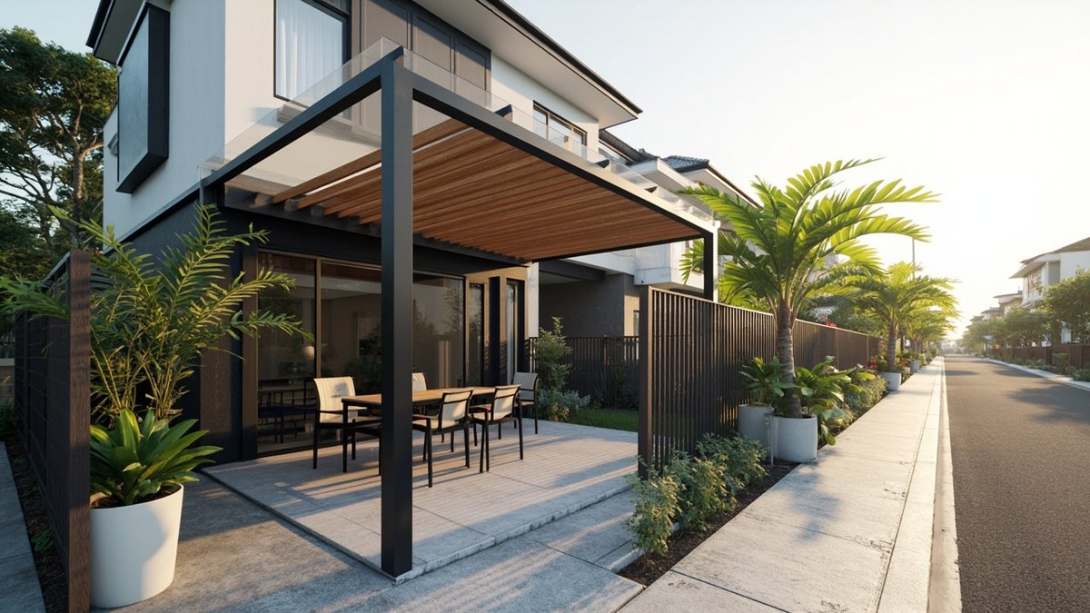 Ilustrasi konsep reka bentuk: patio di tanah tepi di bawah pergola bilah kayu dengan set makan dan pagar berbilah di tepi jalan