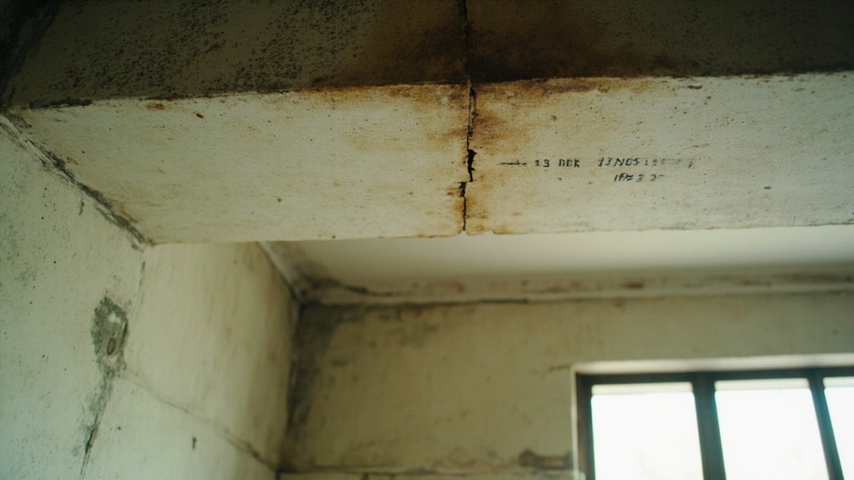Thin crack with a faint rust stain on the underside of a concrete beam