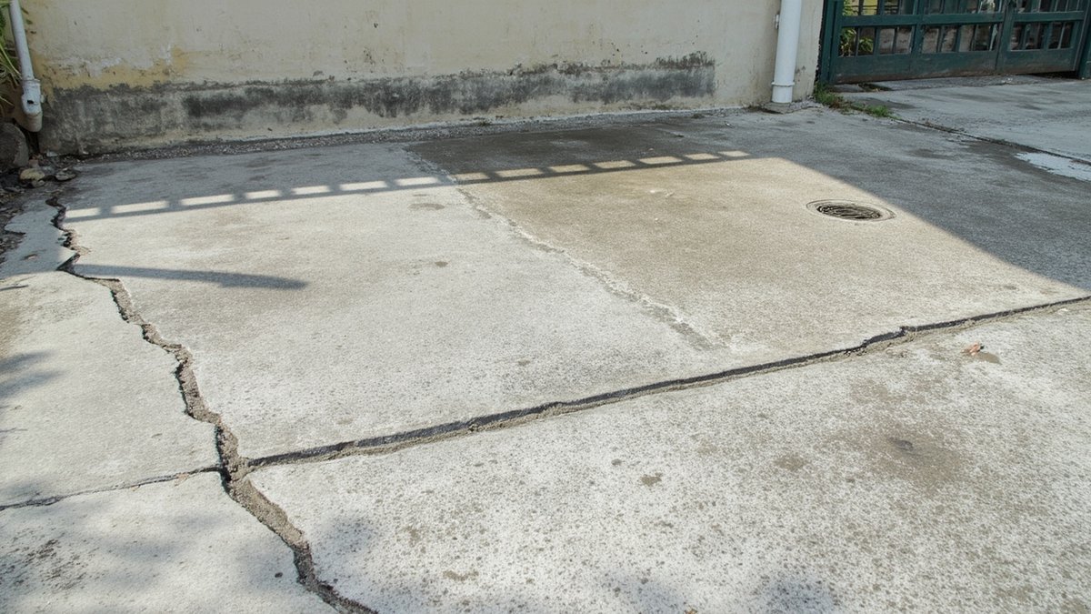 Concrete car porch slab with a long crack along the tyre track and a sunk edge near the drain