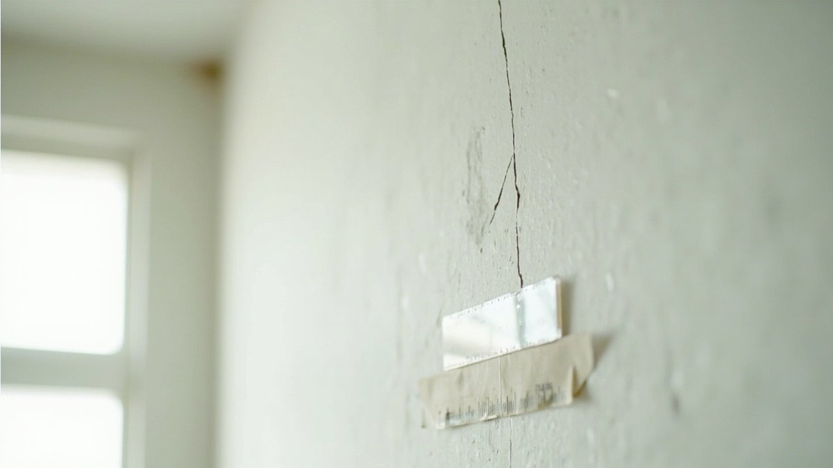 Fine crack from a door corner on a newly painted wall with a pencil mark and ruler beside it