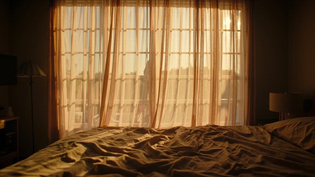 Bedroom with roller blinds and sheer curtains in morning light