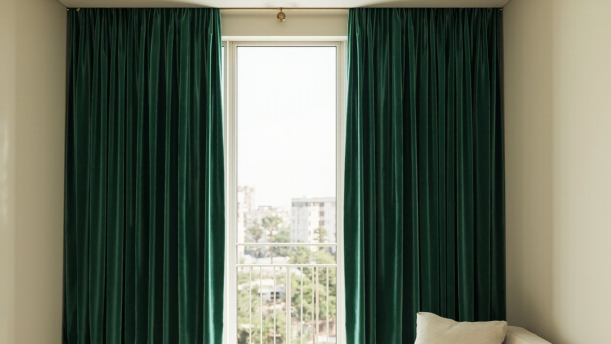 Illustrative concept design: floor-length deep green velvet curtains either side of a tall living room window