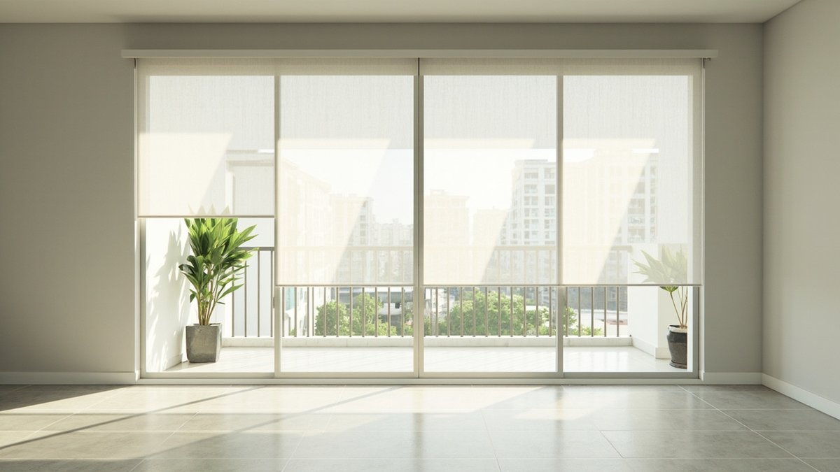 Illustrative concept design: light fabric roller blinds over a wide glass sliding door to a condo balcony