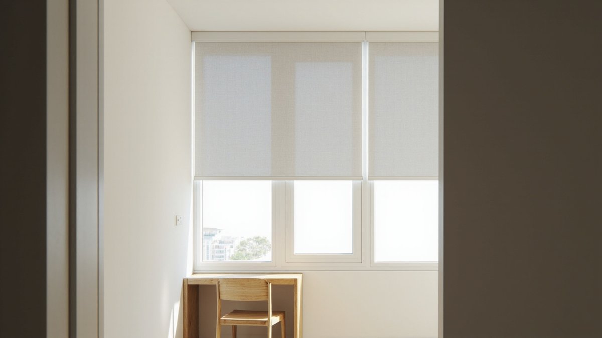 Illustrative concept design: light grey fabric roller blinds half lowered over a condo study window