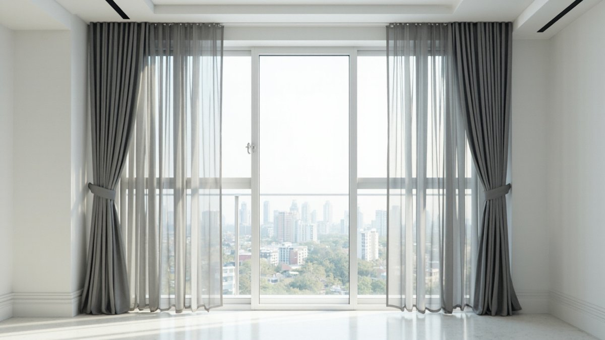 Illustrative concept design: grey curtains and sheers on a track recessed into the ceiling along a full-height condo window wall