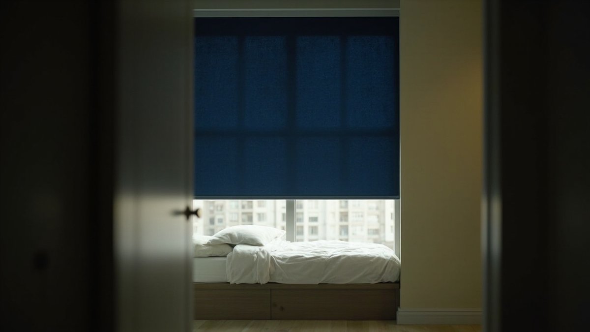 Illustrative concept design: navy blackout roller blind lowered most of the way in a dim bedroom