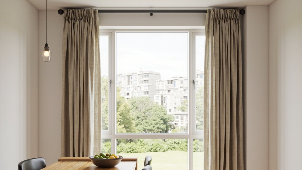 Illustrative concept design: oatmeal linen-blend curtains on a black rod beside a large dining room window