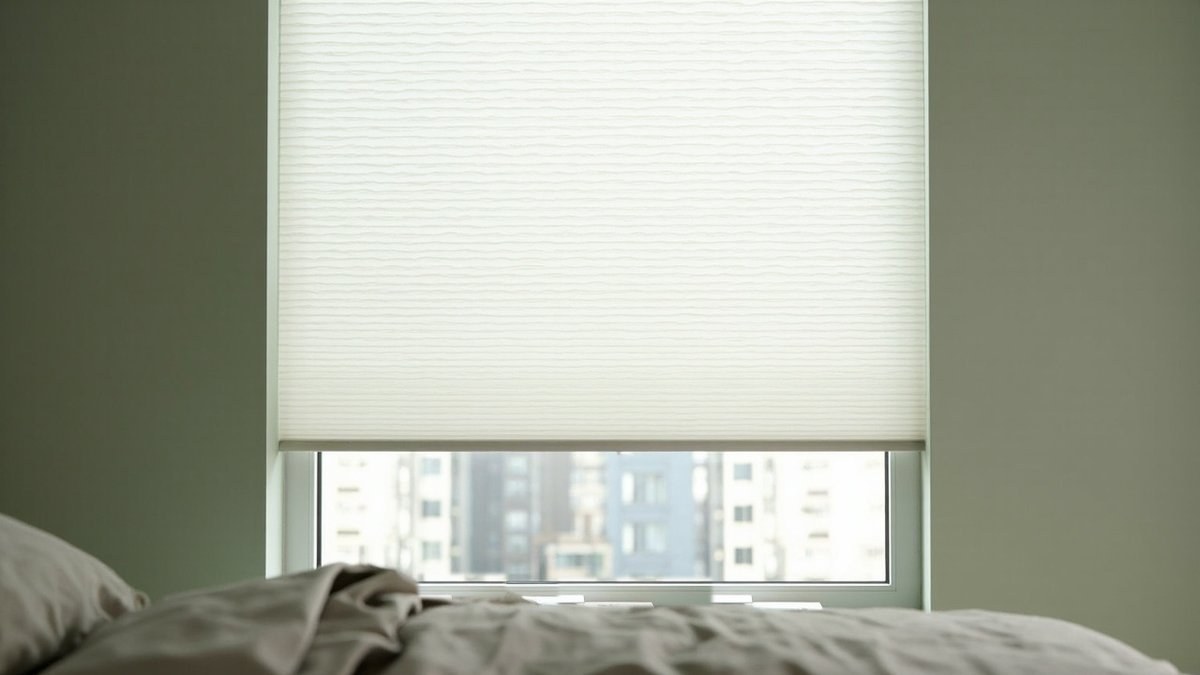 Illustrative concept design: soft white honeycomb cellular blind lowered over a bedroom window with sage green walls