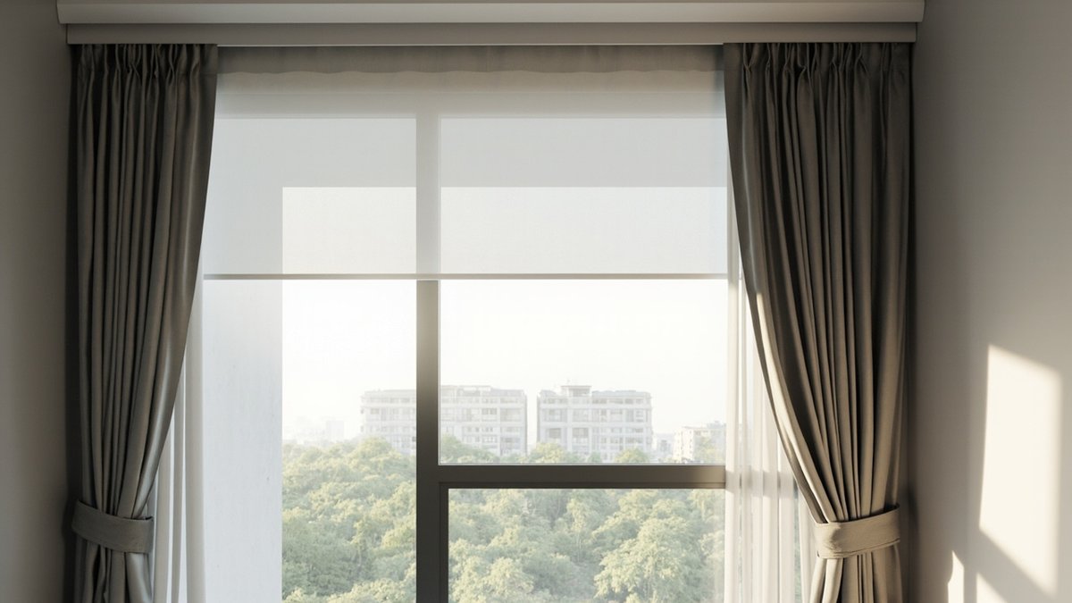 Illustrative concept design: taupe lined curtains tied back over a white sheer layer at a condo bedroom window