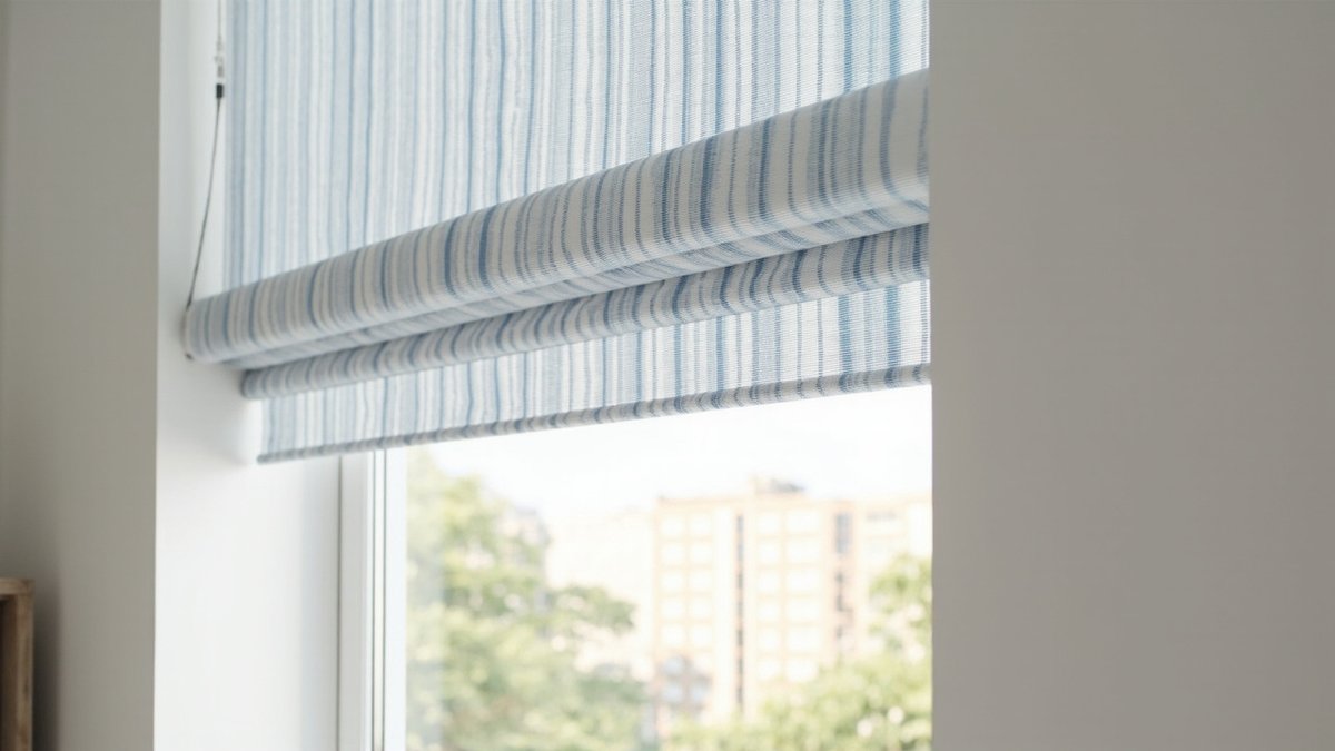 Illustrative concept design: blue and white striped roman blind raised halfway on a window