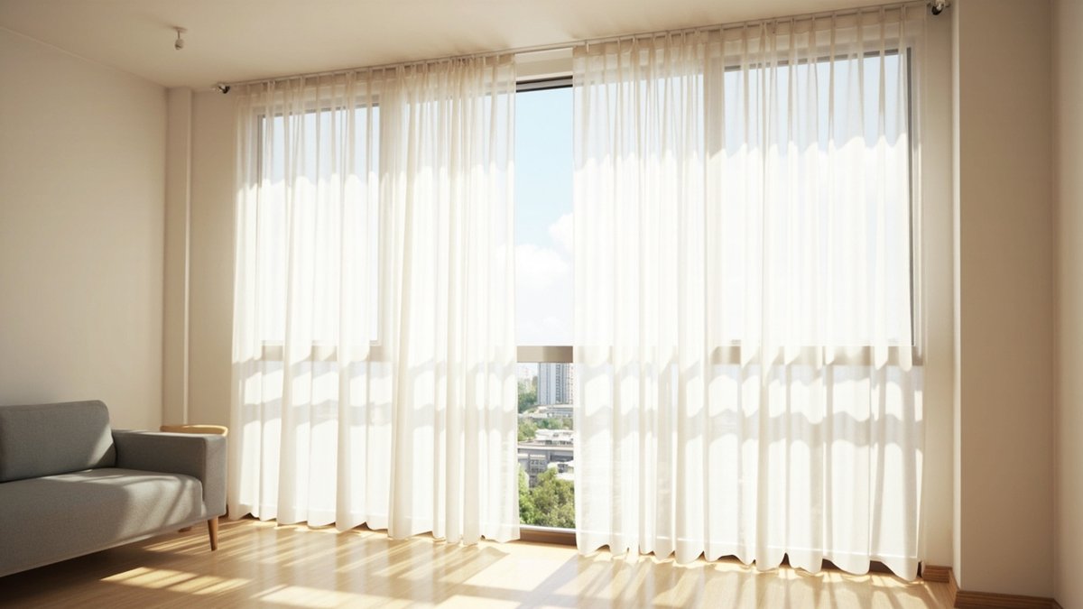 Illustrative concept design: floor-length white sheer curtains across a wide condo living room window
