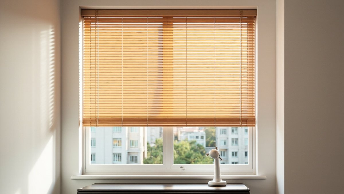 Illustrative concept design: warm honey wooden venetian blind lowered over a home study window