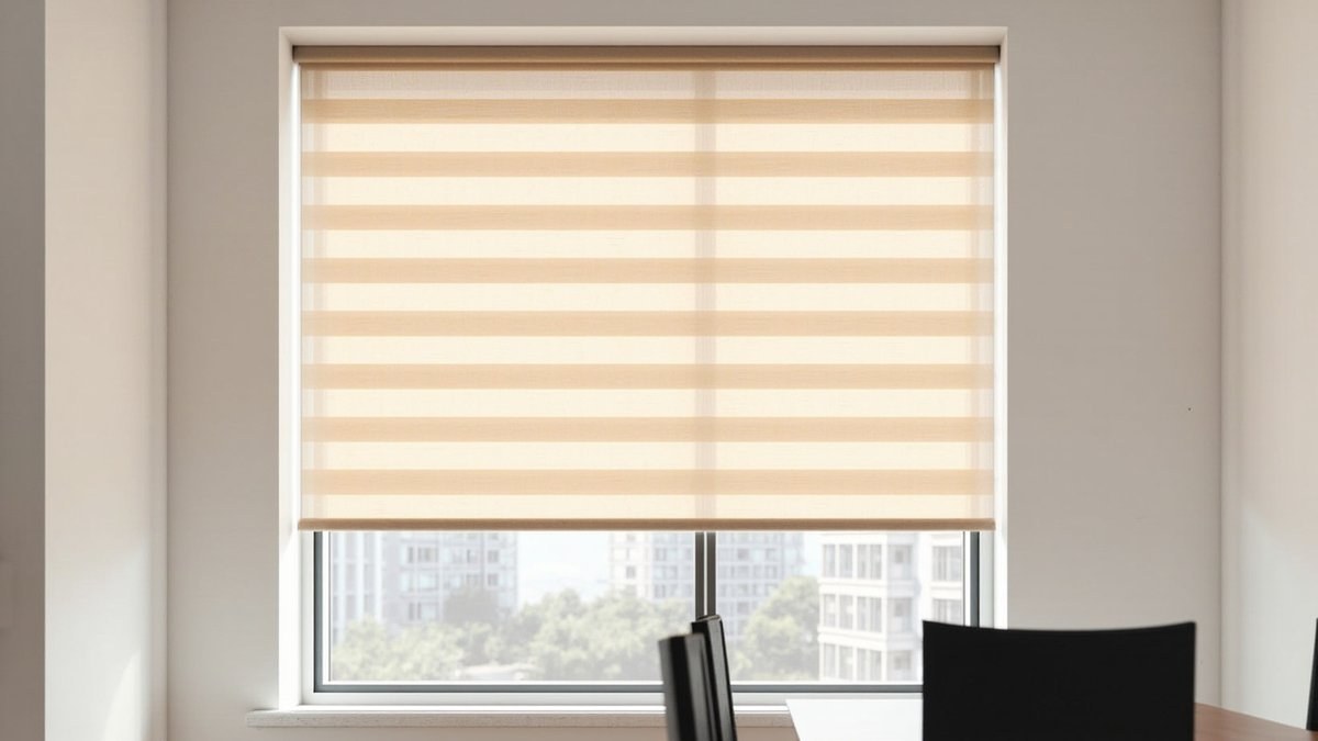 Illustrative concept design: beige zebra day and night blind half lowered over a condo window