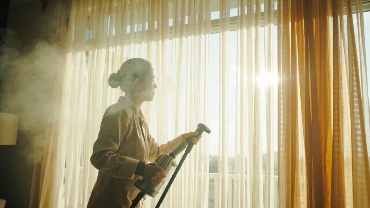 Technician steam-cleaning hanging curtains on-site in a Malaysian home