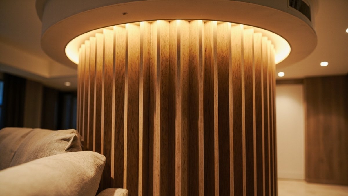 Tiang bulat ruang tamu dibalut slat fluted menegak tona oak dengan trim kemas