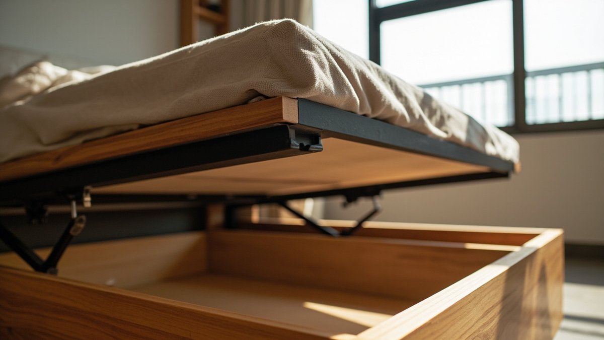 Custom platform bed frame with headboard and lift-up storage