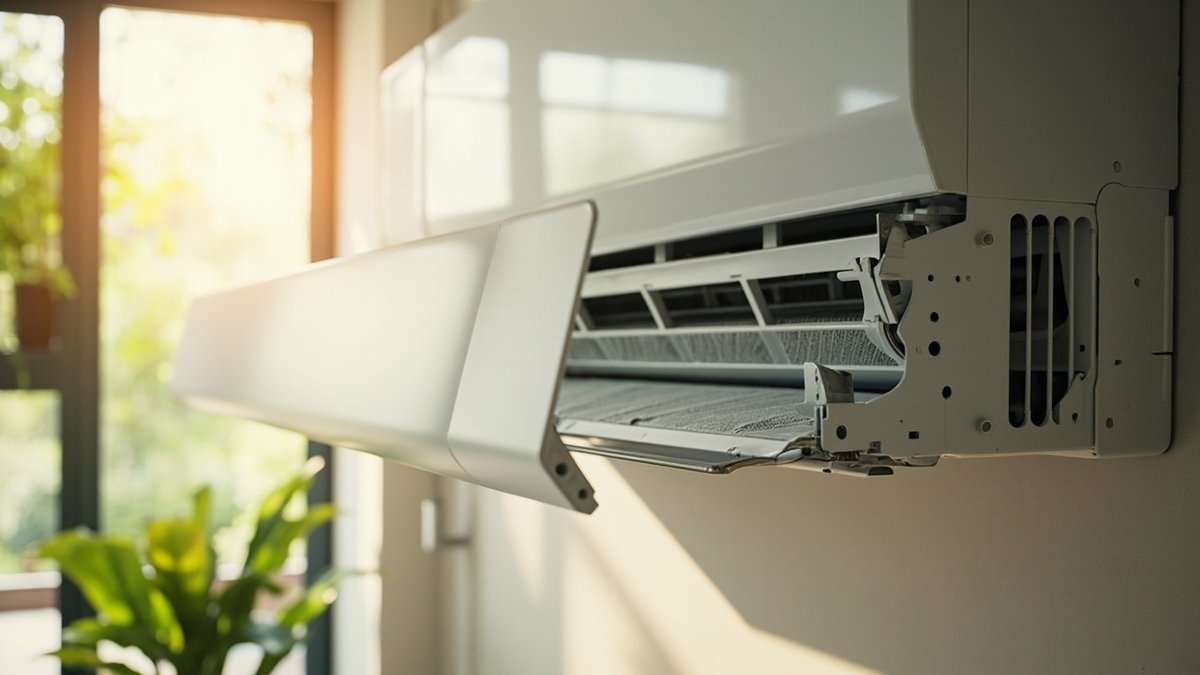Wall-mounted split-unit air conditioner opened for inspection