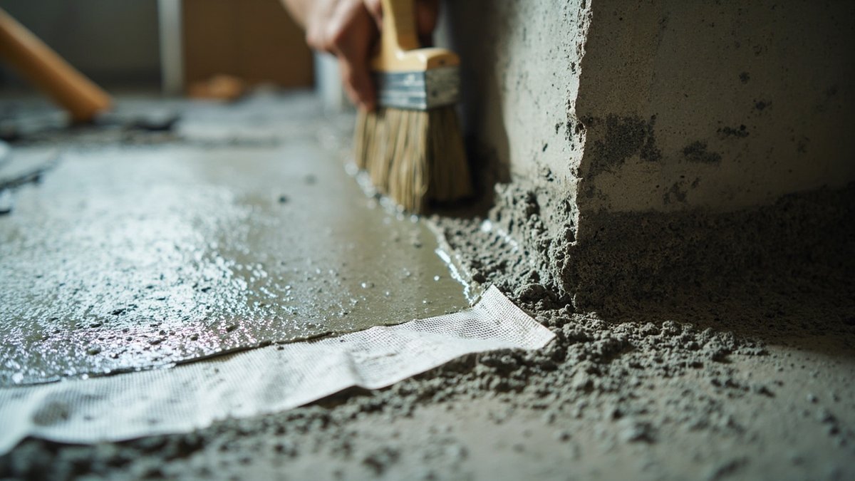 Flexible waterproofing membrane brushed over a bathroom screed with corner reinforcement