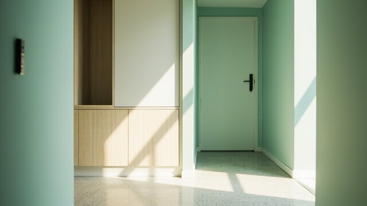 A flush white DB box door set into pale built-in cabinetry in a mint-green condo entrance, kept clear and reachable